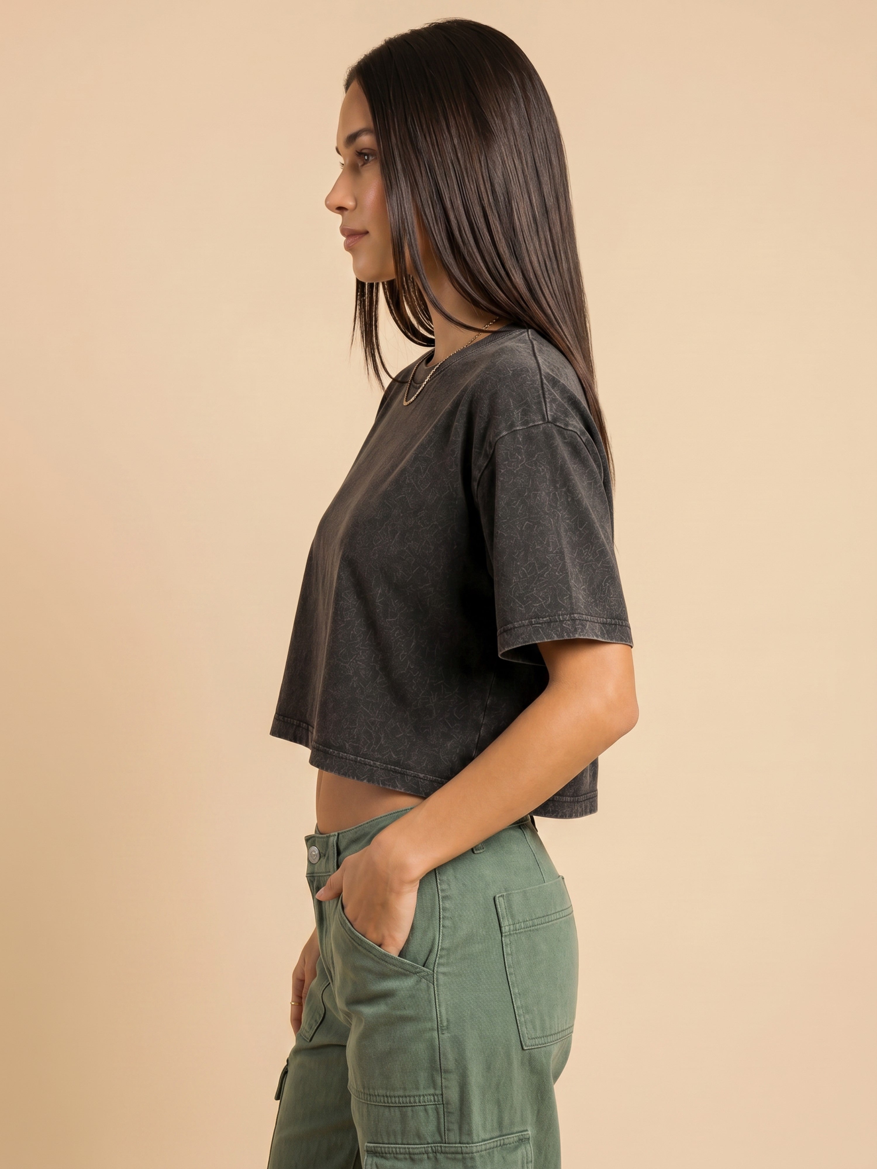 Basic Black Acid wash Crop Tee