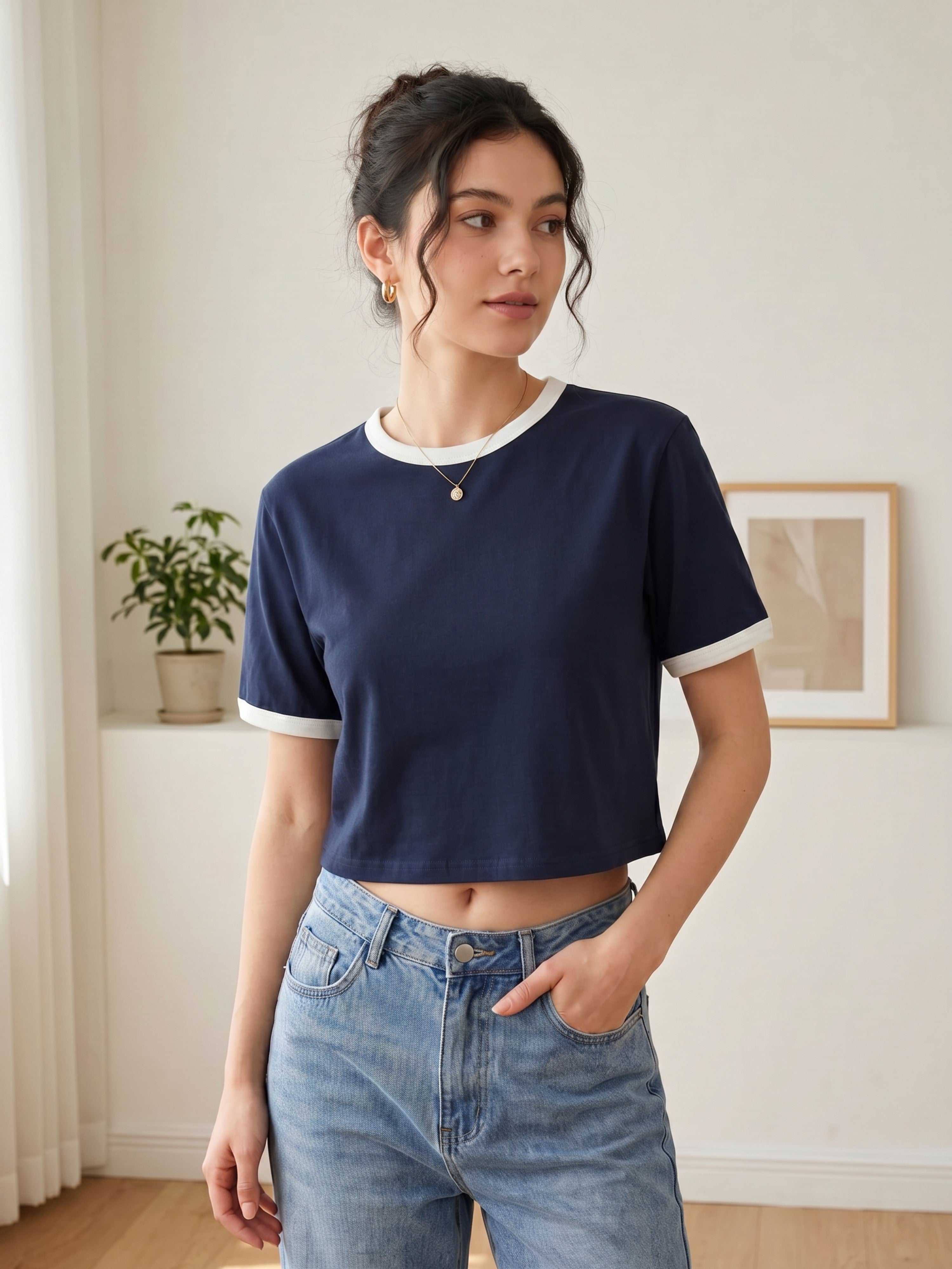 Basic Ringer Crop Tee - Nany White