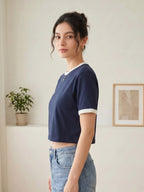 Basic Ringer Crop Tee - Nany White