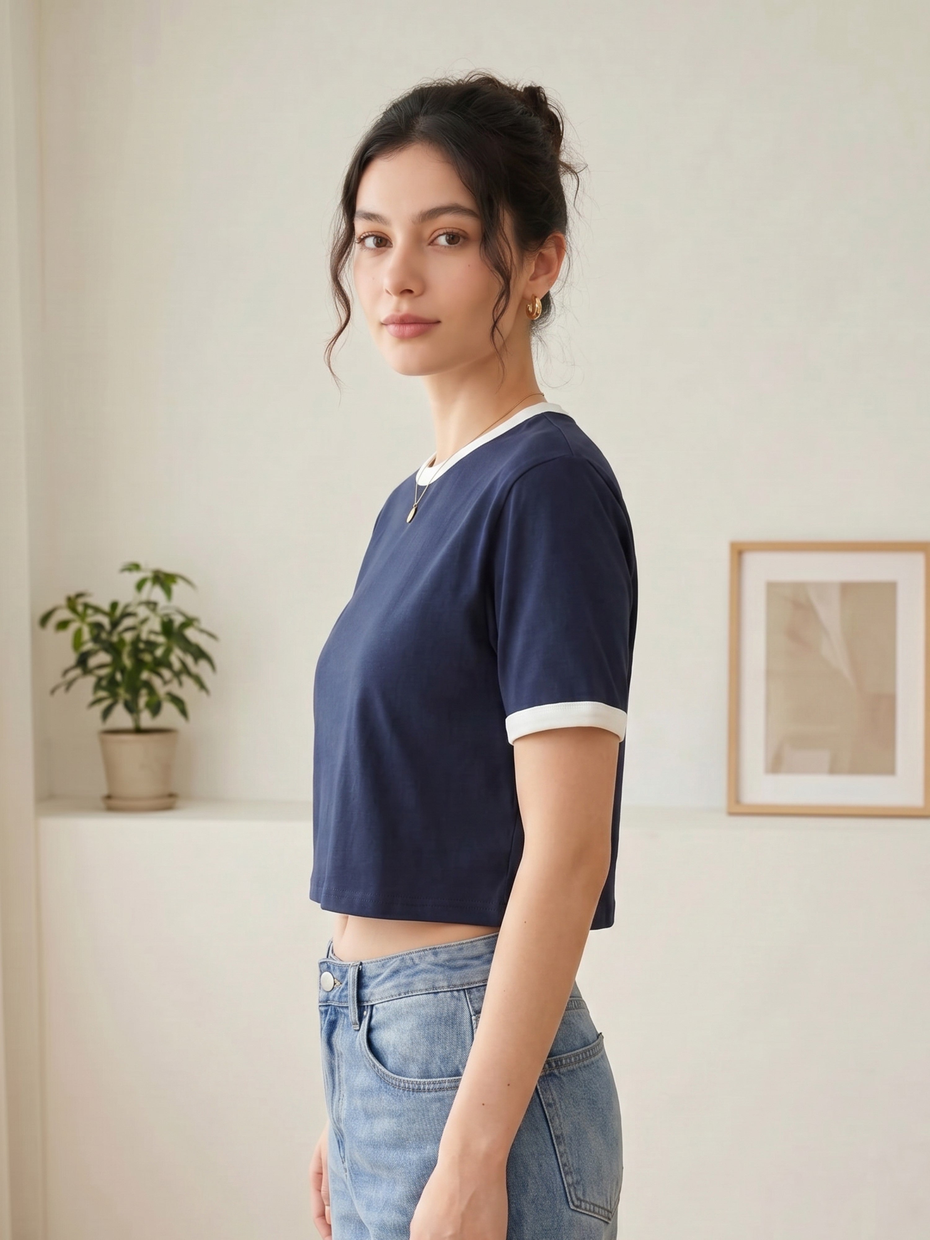 Basic Ringer Crop Tee - Nany White
