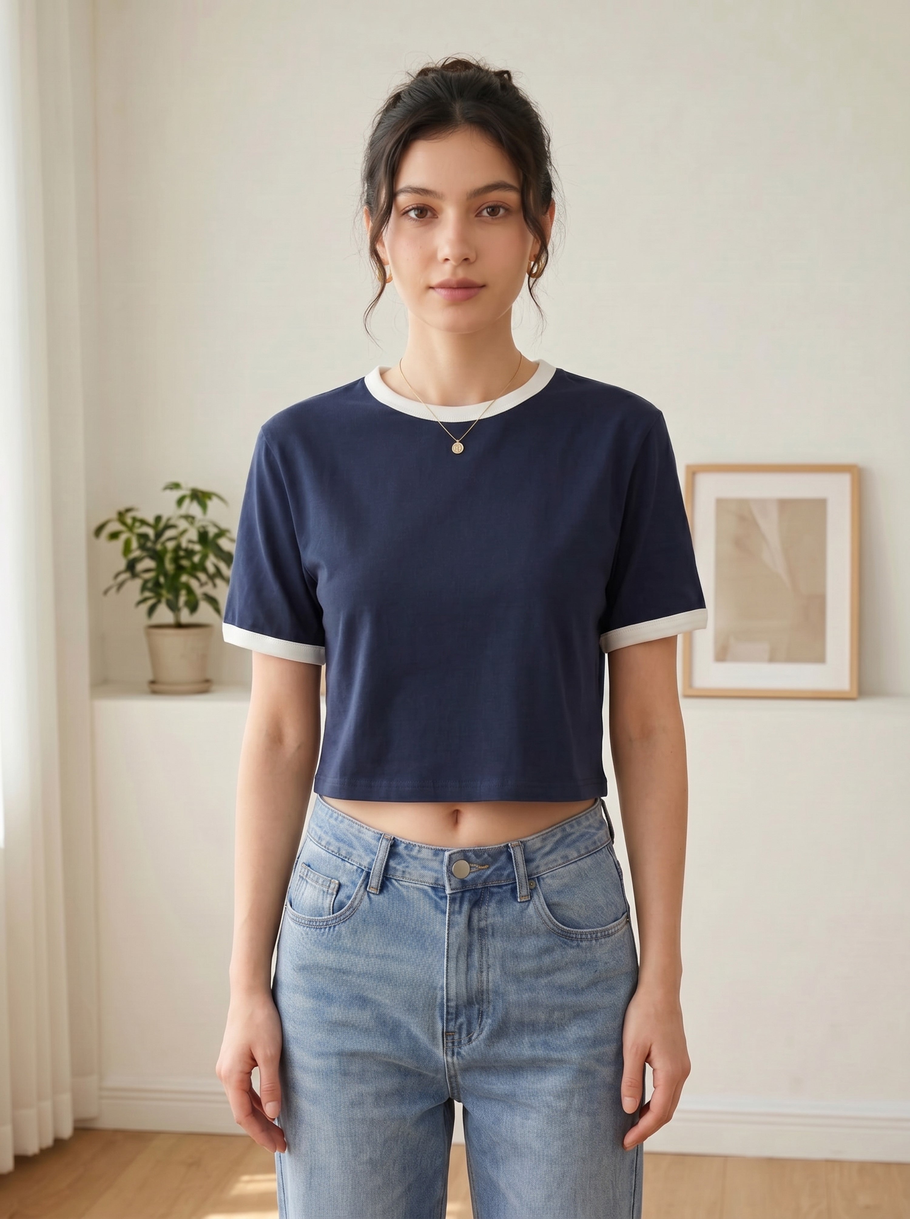 Basic Ringer Crop Tee - Nany White