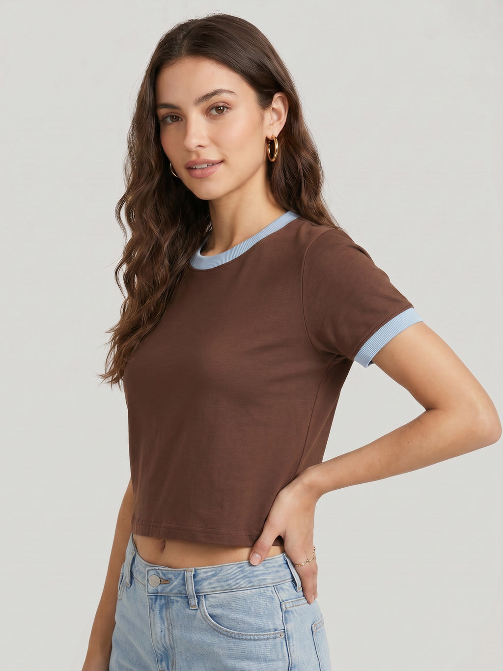 Basic Ringer Crop Tee - Brown sky