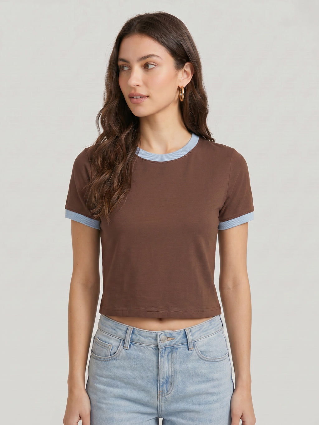Basic Ringer Crop Tee - Brown sky