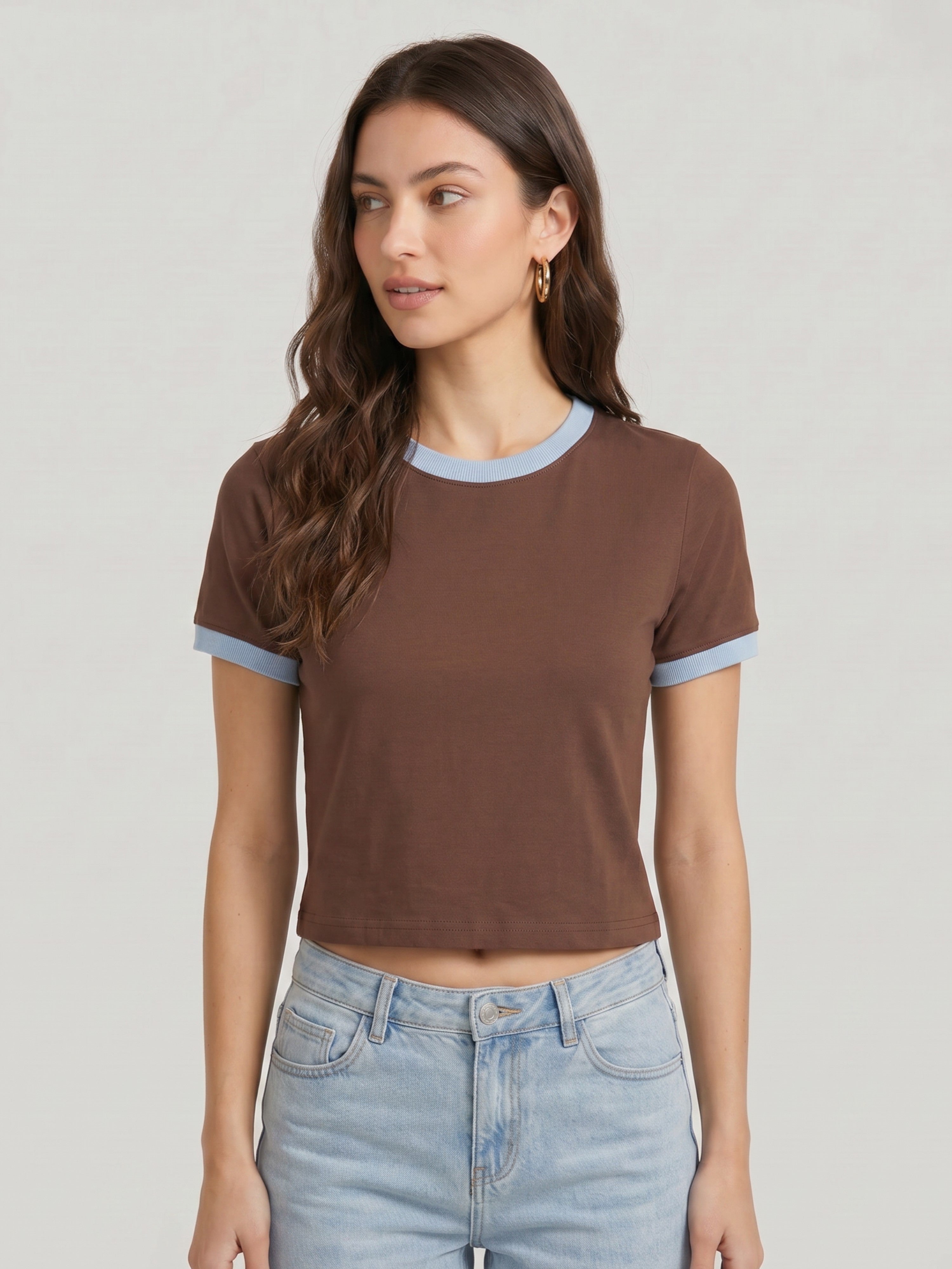 Basic Ringer Crop Tee - Brown sky