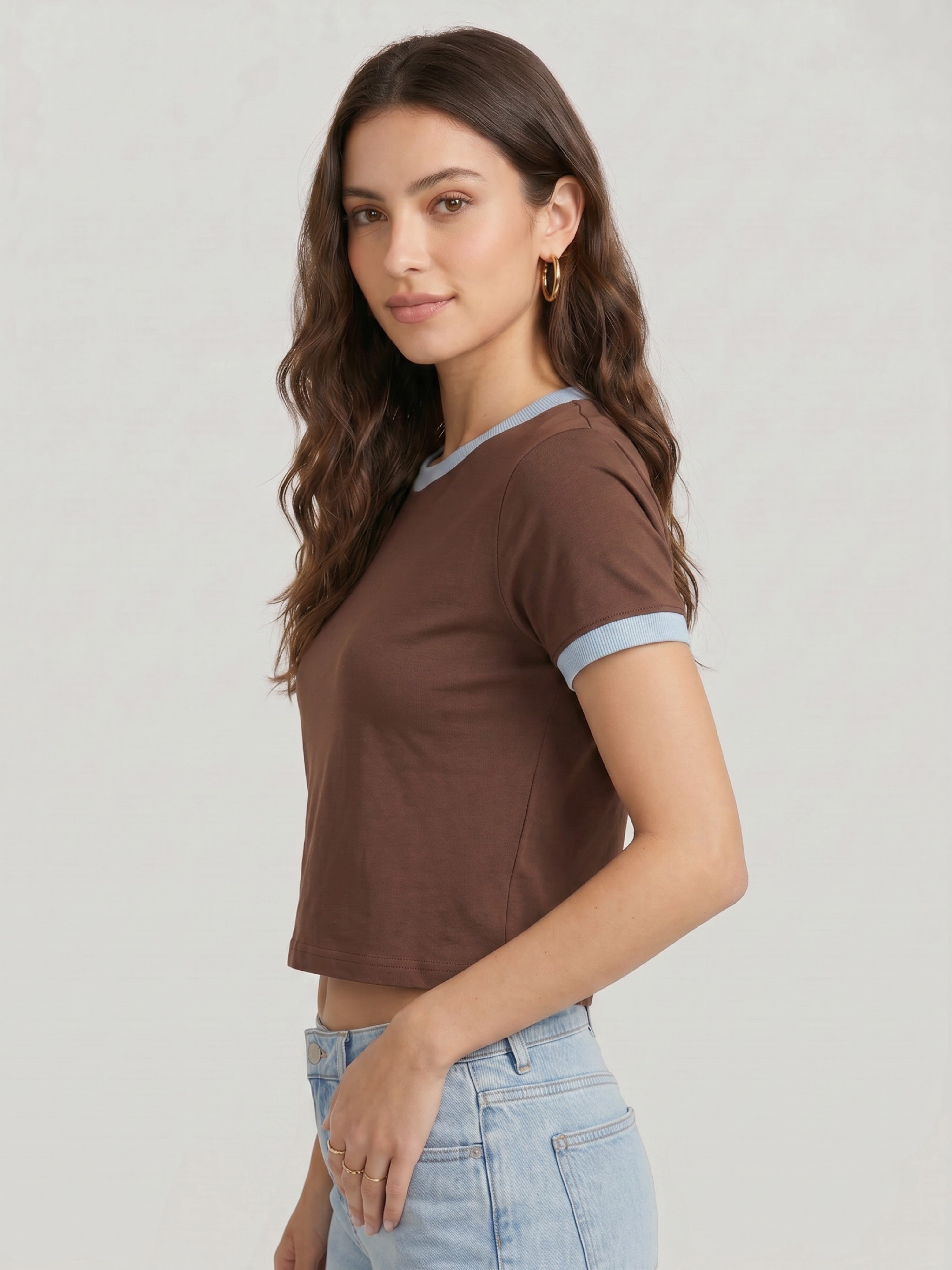 Basic Ringer Crop Tee - Brown sky
