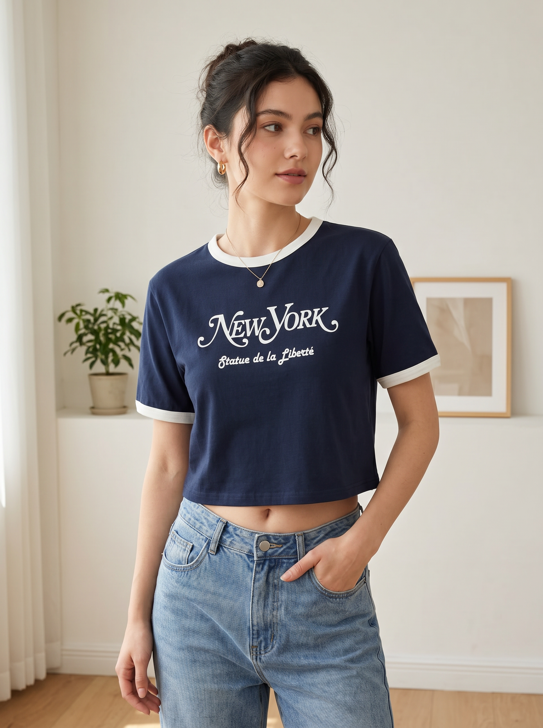 Statue Of lLiberty Ringer Crop Tee