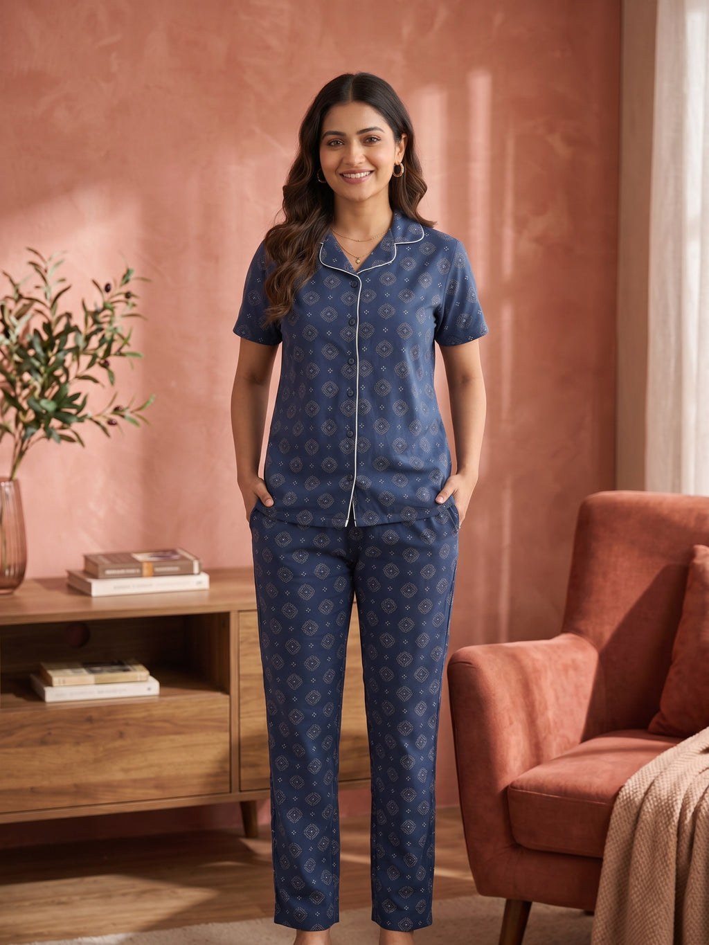 Women's Moonlit Indigo Printed Night Suit