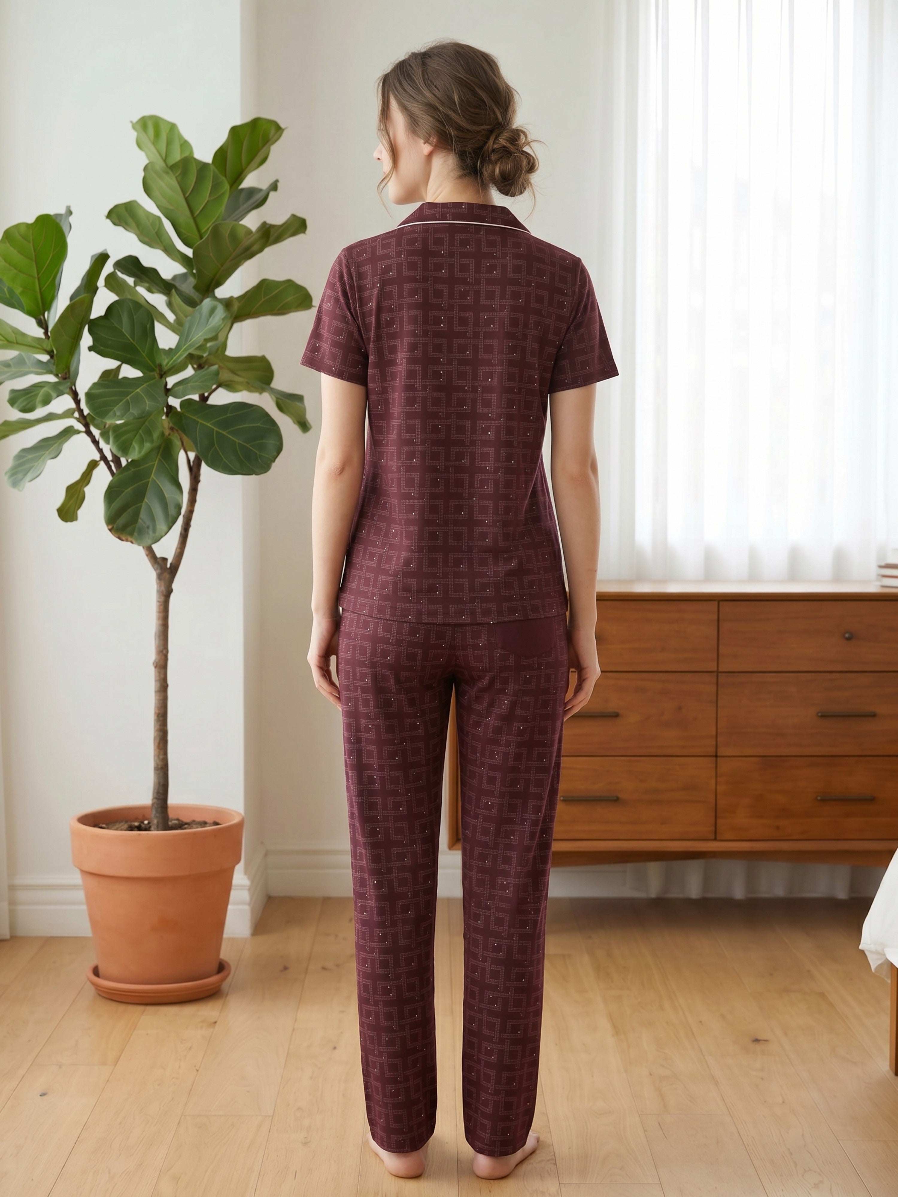 Women's Wine Geometric Printed Night Suit