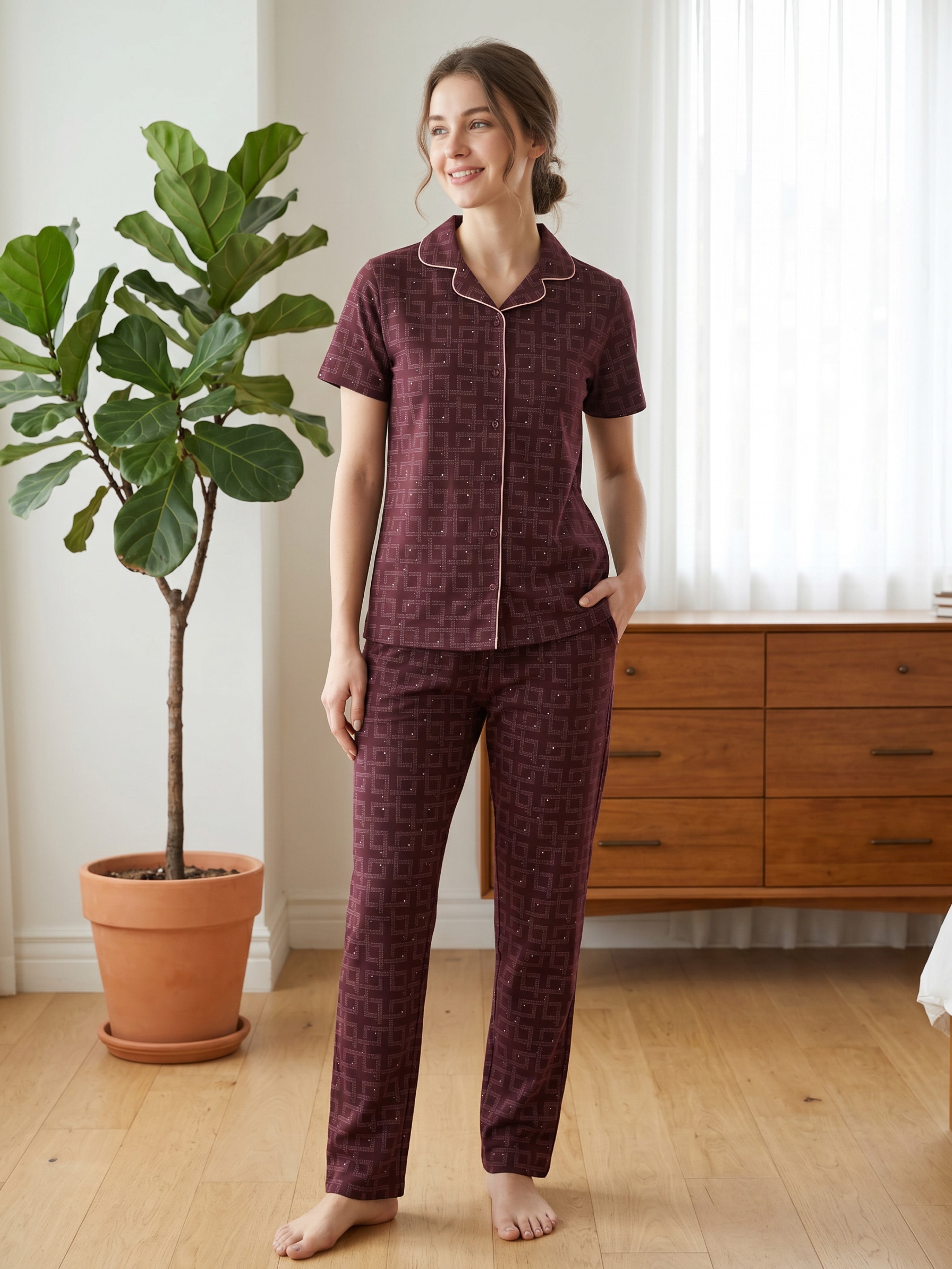 Women's Wine Geometric Printed Night Suit