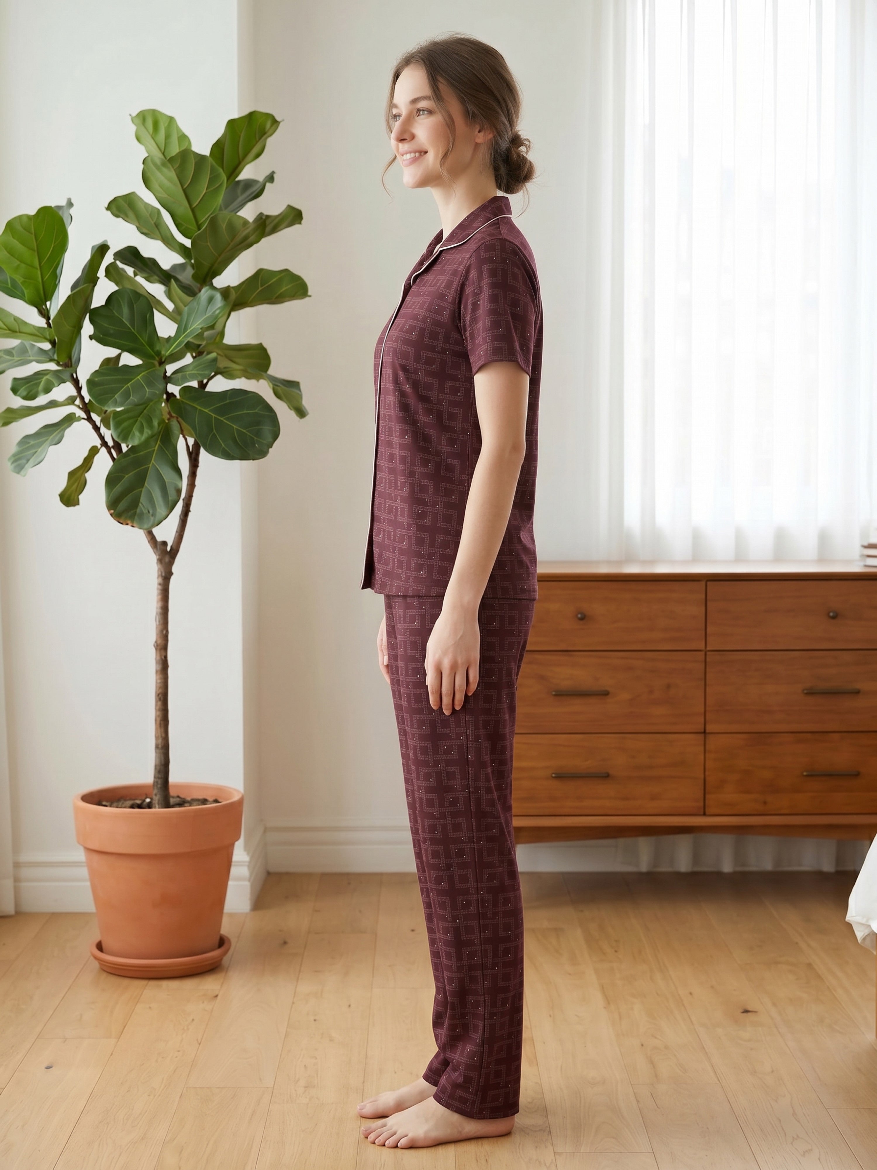 Women's Wine Geometric Printed Night Suit