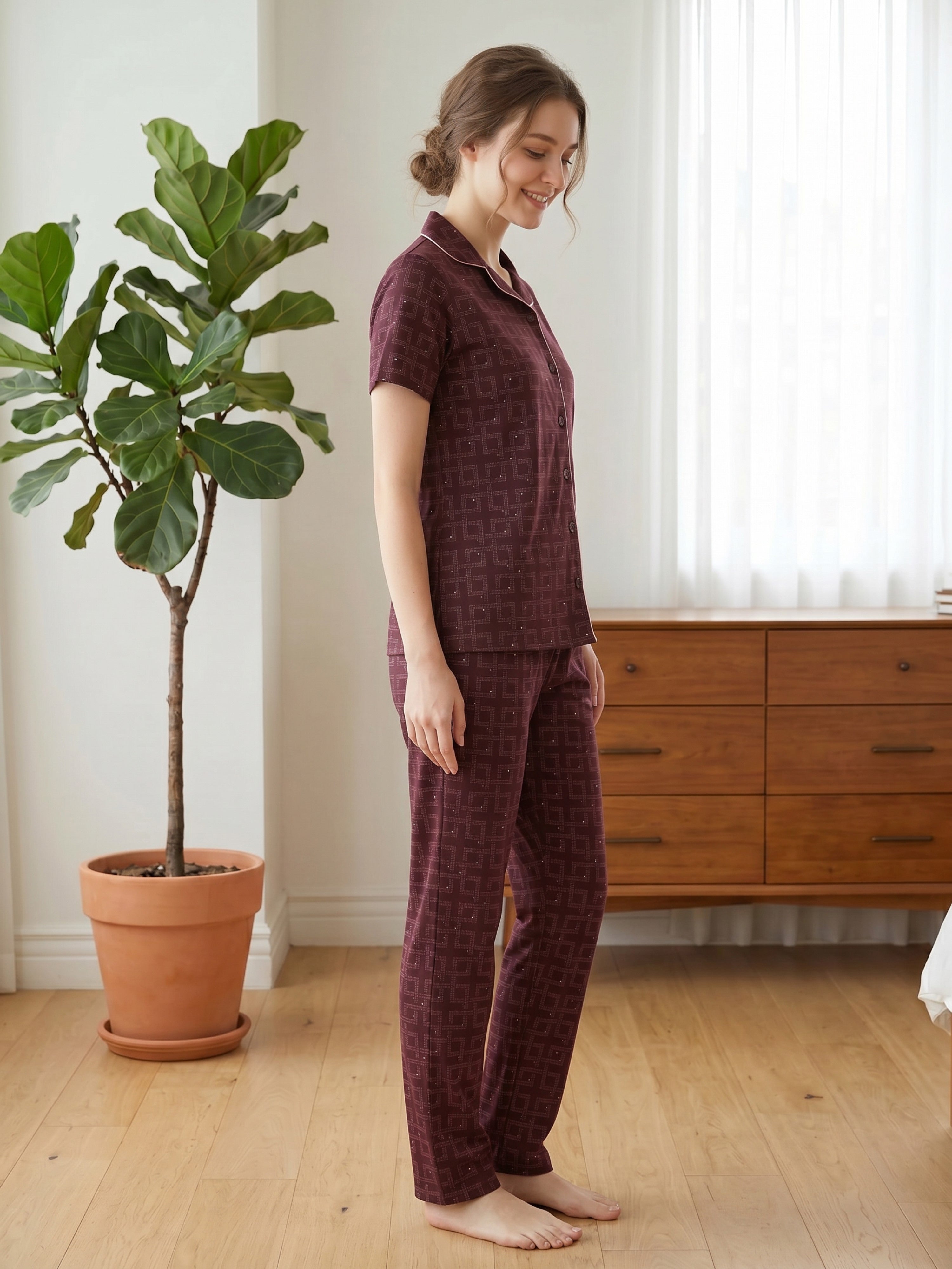 Women's Wine Geometric Printed Night Suit