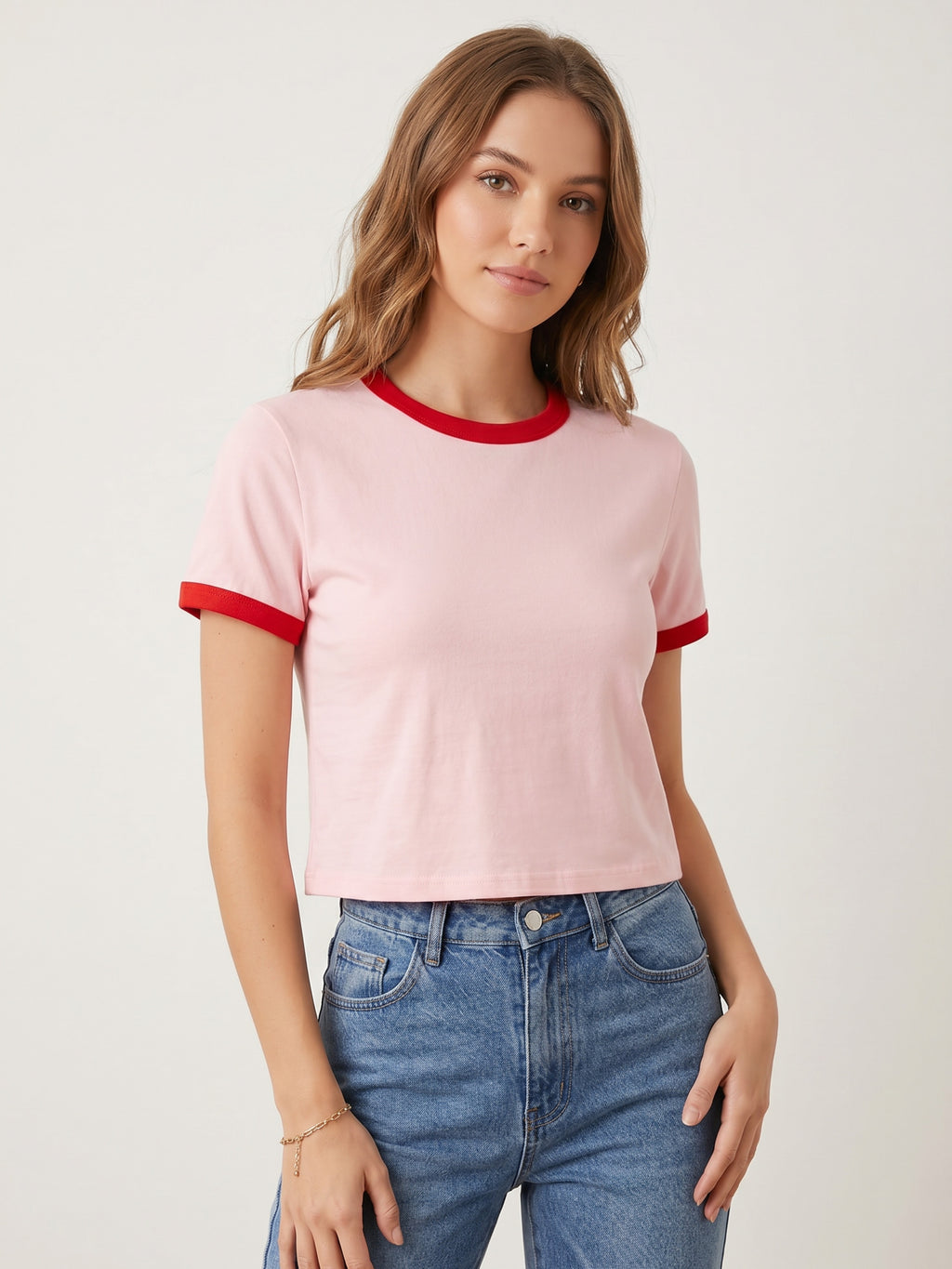 Basic Ringer Crop Tee - Pink Red