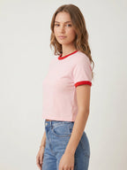 Basic Ringer Crop Tee - Pink Red