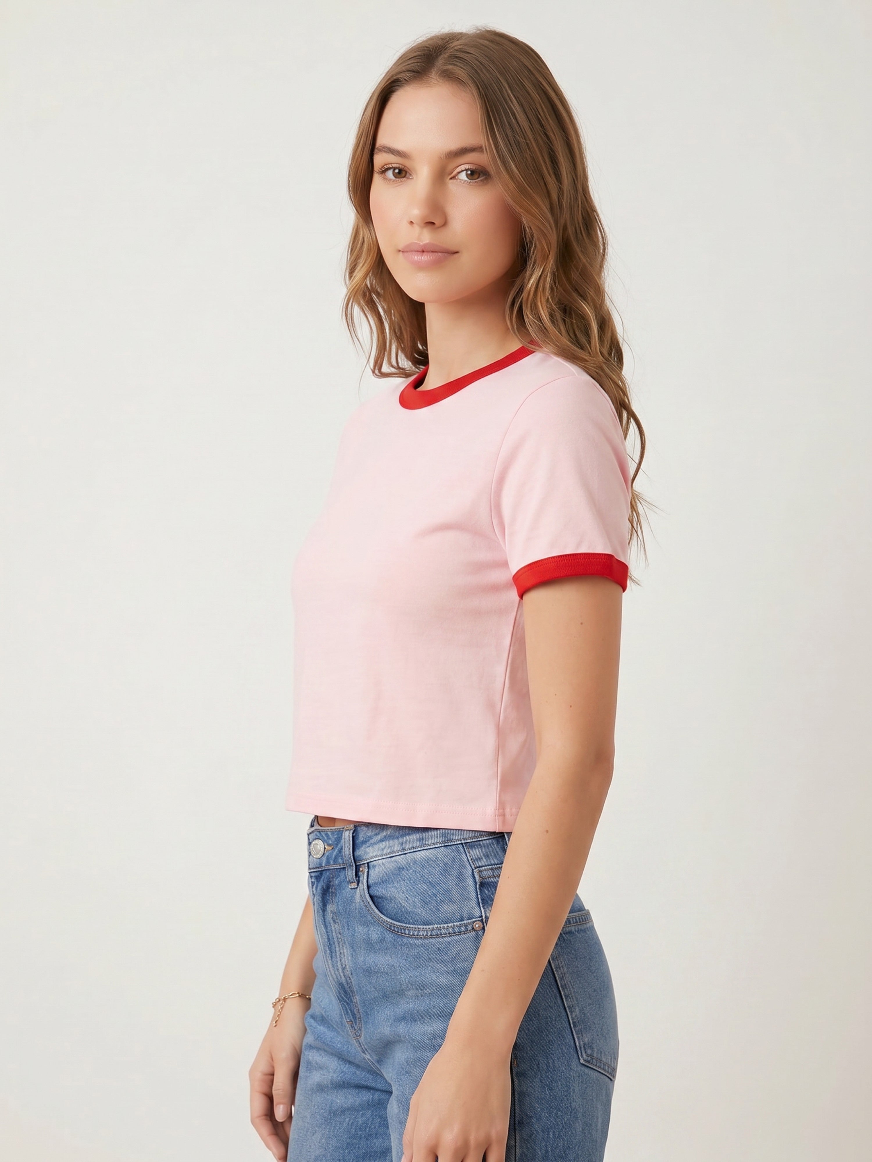 Basic Ringer Crop Tee - Pink Red