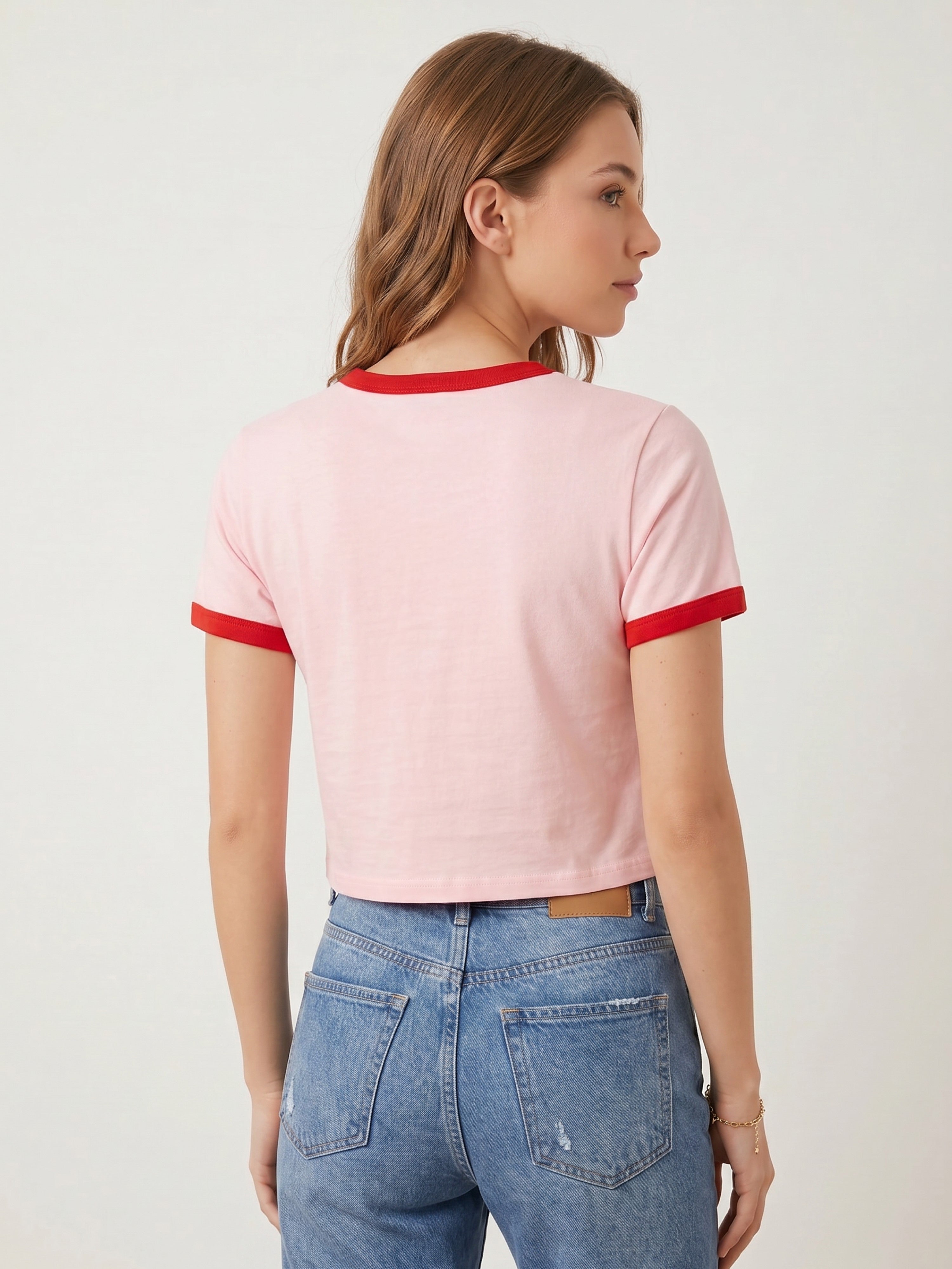Basic Ringer Crop Tee - Pink Red
